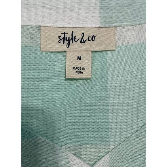 Style & Co. Gingham Tie Front Short Sleeve Button Up Linen Top Mint White Medium - Picture 8 of 12